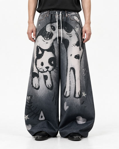 Cat Graphic Gradient Wide-Leg Jeans