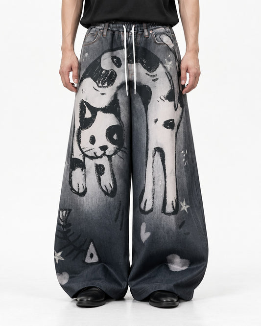 Cat Graphic Gradient Wide-Leg Jeans