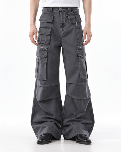 Multi Pocket Pleated Flare Cargo Pants