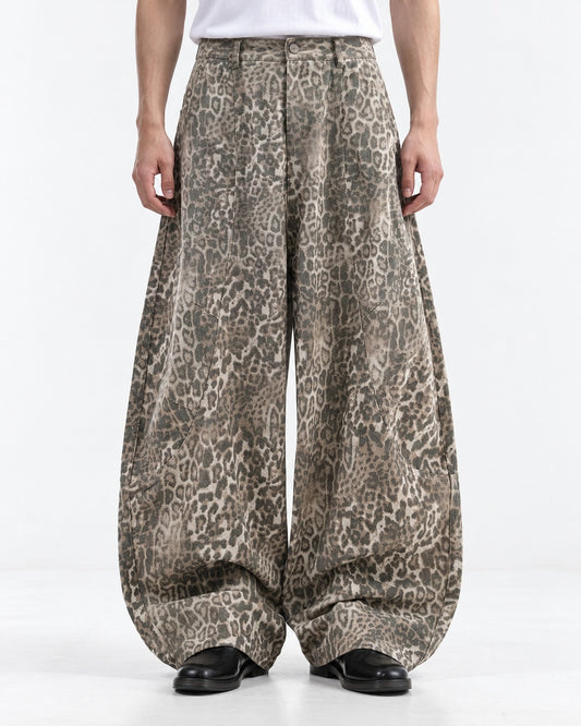 Washed Leopard Barrel Wide-Leg Pants