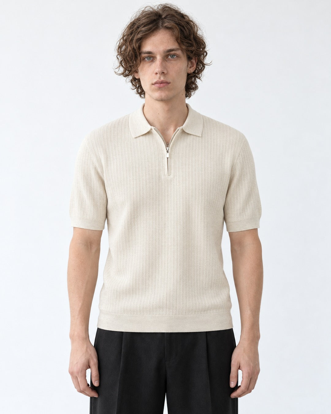 Ribbed Half-Zip Knit Polo