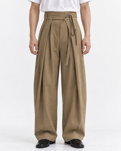 Tie-Waist Pleated Wide Trousers
