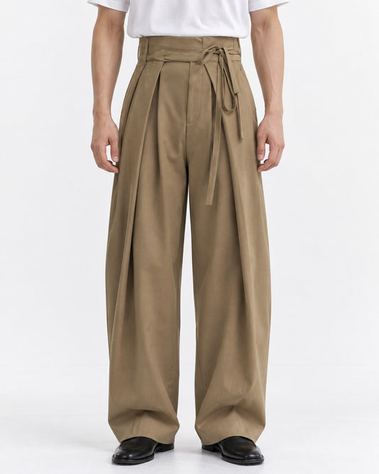 Tie-Waist Pleated Wide Trousers