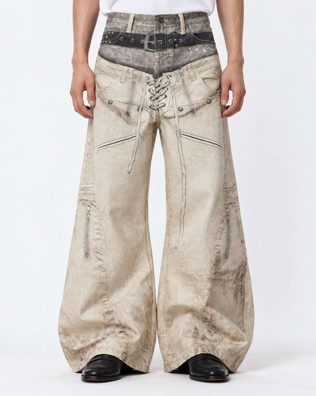 3D Double-Waistband Wide Pants