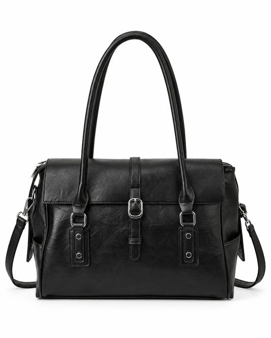 Black Double Buckle Flap Shoulder Bag