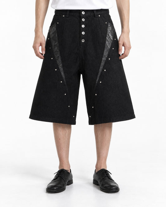 Studded Snap-Front Panel Denim Shorts