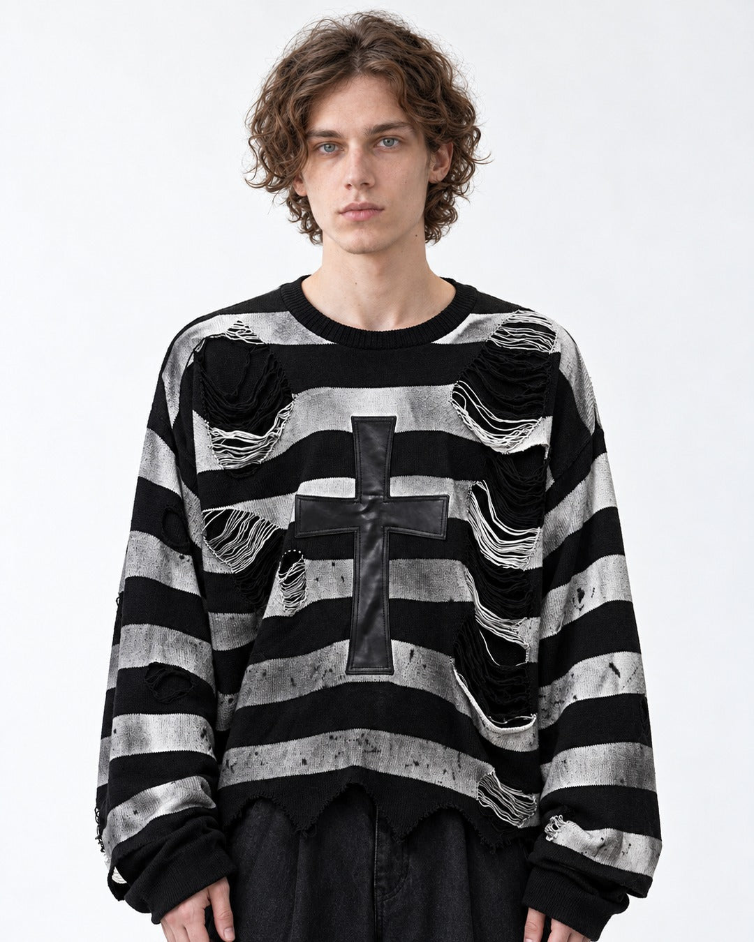 Cross Patch Distressed Stripe Sweater