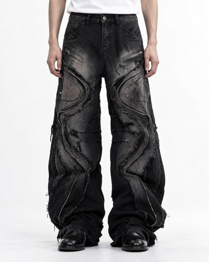 Wavy Panel Frayed Zip Jeans