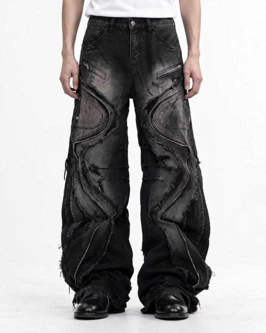 Wavy Panel Frayed Zip Jeans
