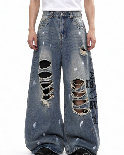 Letter Print Distressed Wide Leg Jeans