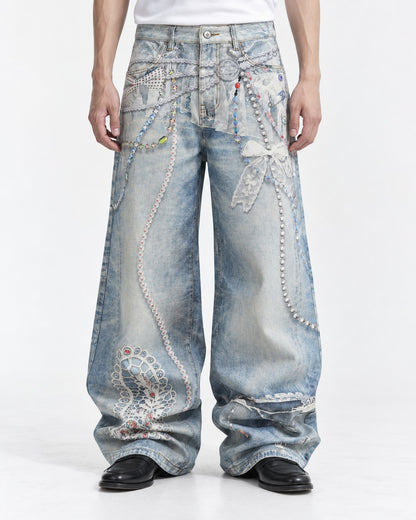 Pearl Chain Lace Print Baggy Jeans