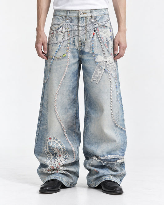 Pearl Chain Lace Print Baggy Jeans