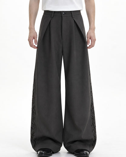 Pleated Wide-Leg Trousers with Side Embroidery