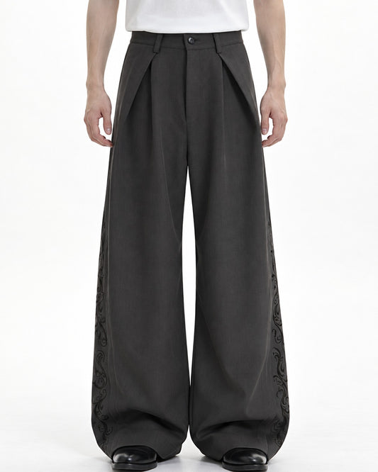 Pleated Wide-Leg Trousers with Side Embroidery