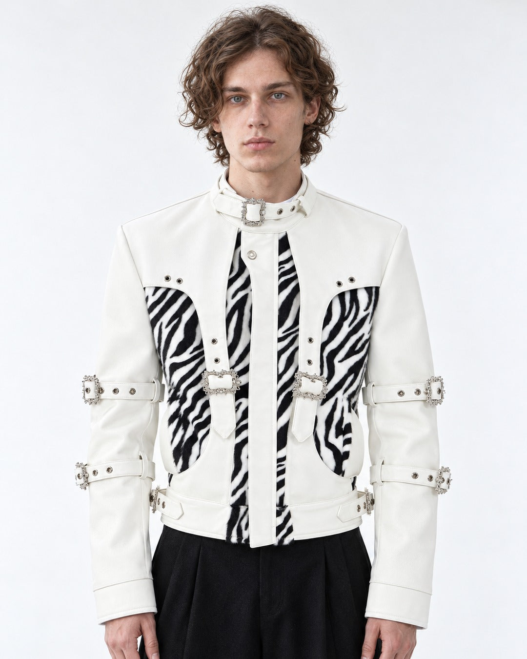 Faux Zebra Print Fur Patchwork Leather Jacket