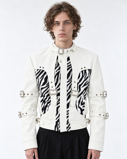 Faux Zebra Print Fur Patchwork Leather Jacket