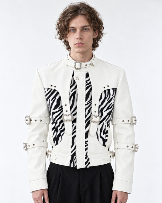 Faux Zebra Print Fur Patchwork Leather Jacket