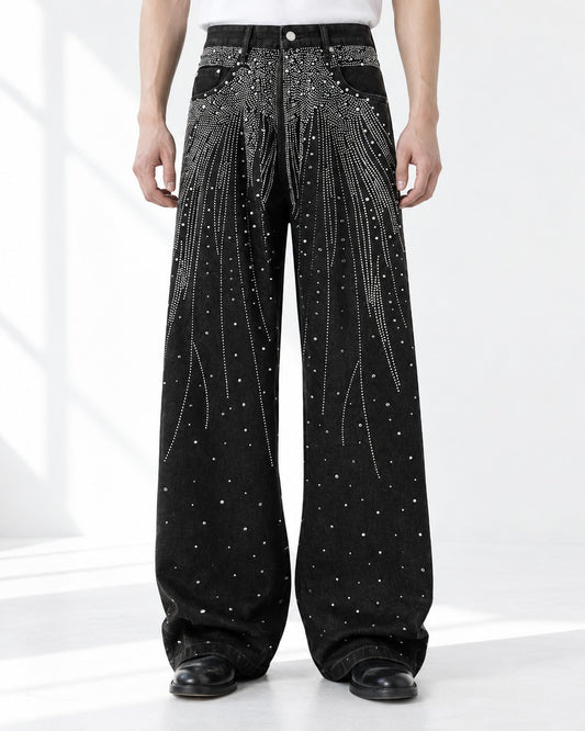Rhinestone Burst Wide-Leg Black Jeans