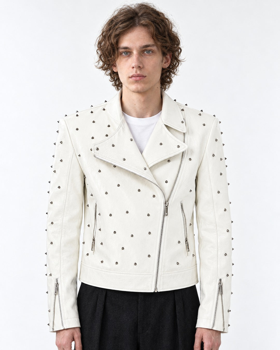 White Metal Rivet Biker Jacket