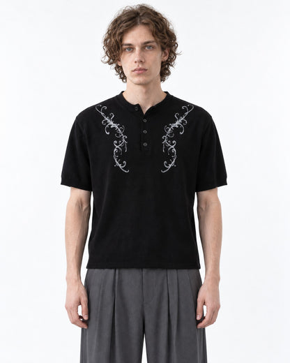Henley Knit Top with Embroidered Scrollwork