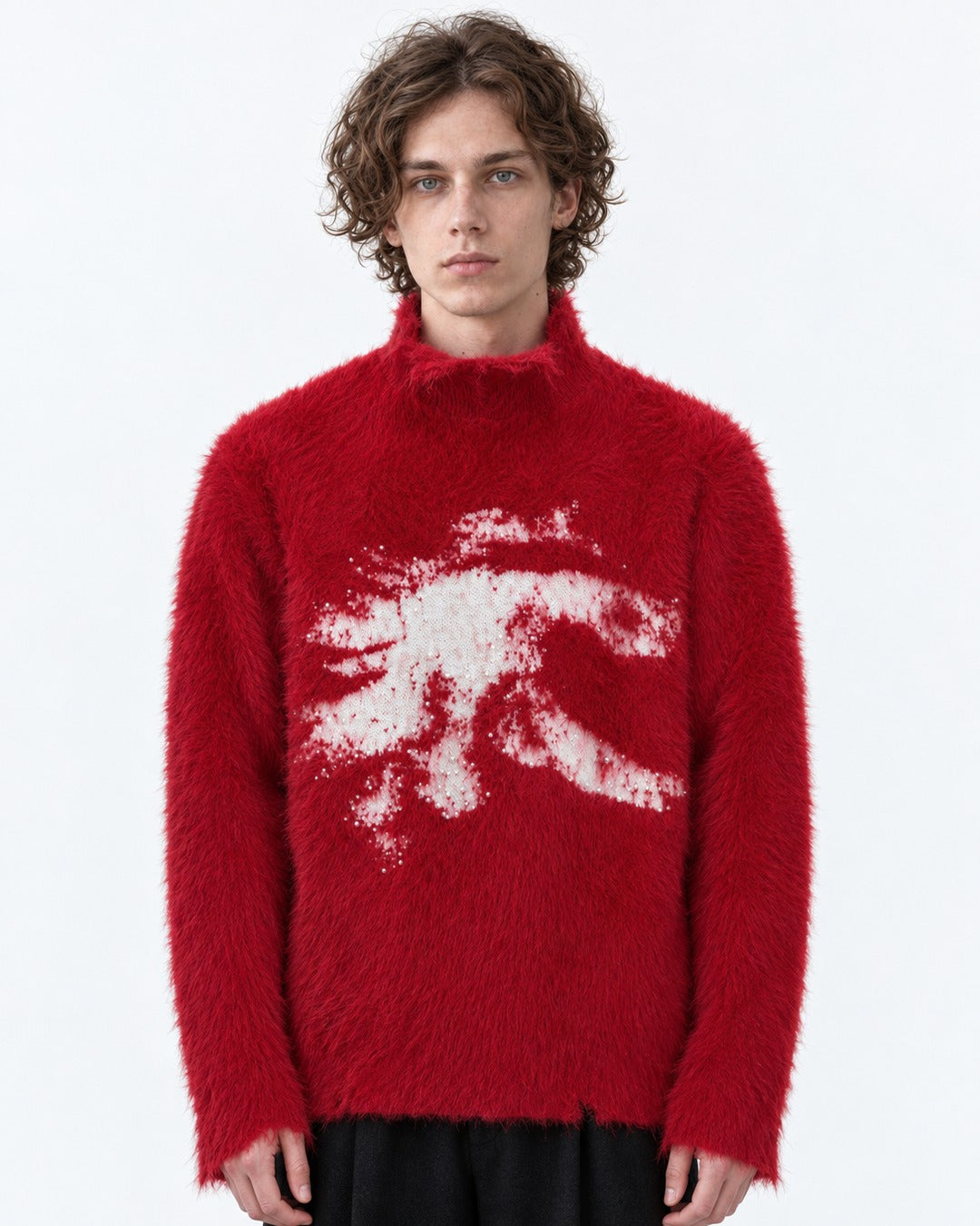 Brushed Horse-Intarsia Mock-Neck Sweater