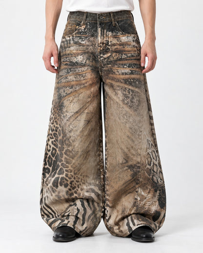 Animal Print Wide Denim Pants