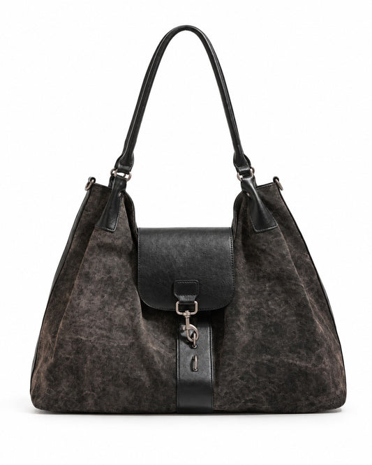Distressed Canvas Hobo Bag with Black Flap