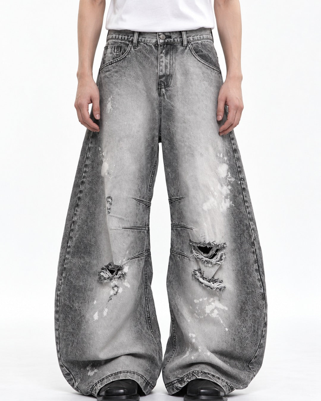 Gray Acid-Wash Ripped Wide-Leg Jeans
