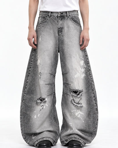 Gray Acid-Wash Ripped Wide-Leg Jeans