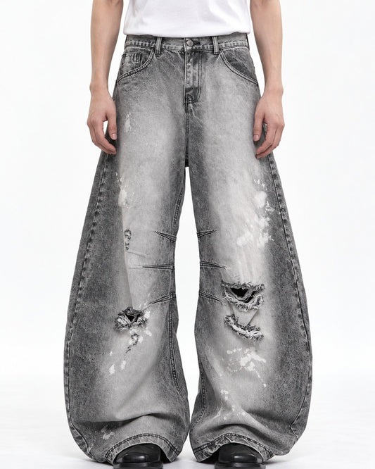 Gray Acid-Wash Ripped Wide-Leg Jeans