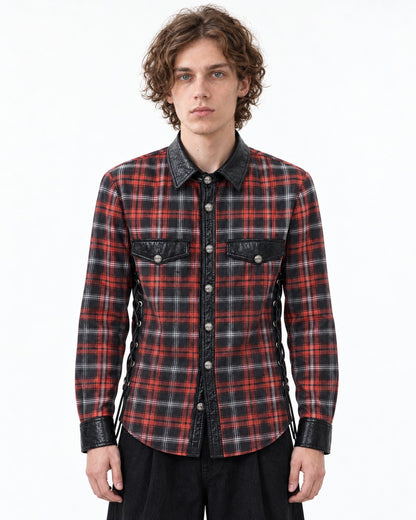 Red Plaid Shirt with Black Panels and Side Lacing