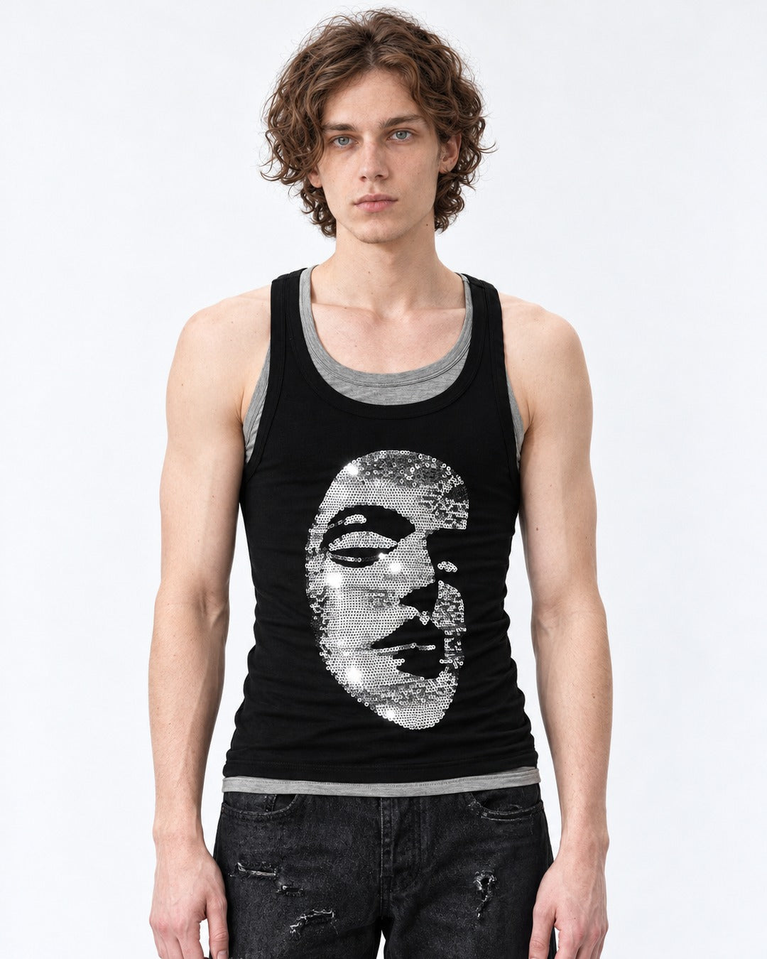 Sequin Face Graphic Layered Tank