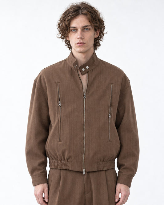 Pinstripe Stand Collar Zip Jacket and Wide Pants Set