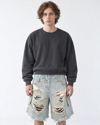 Double-Waist Shredded Denim Shorts