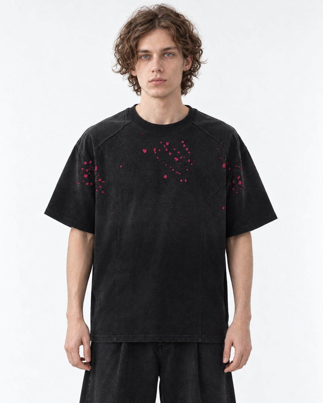 Red Splatter Seamed Black T-Shirt