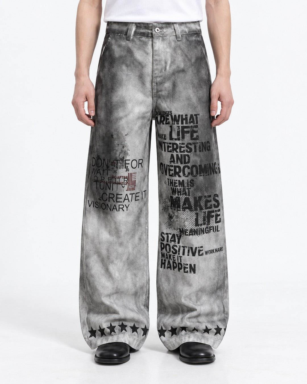 Gray Gradient Slogan Print Wide Pants