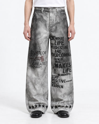 Gray Gradient Slogan Print Wide Pants