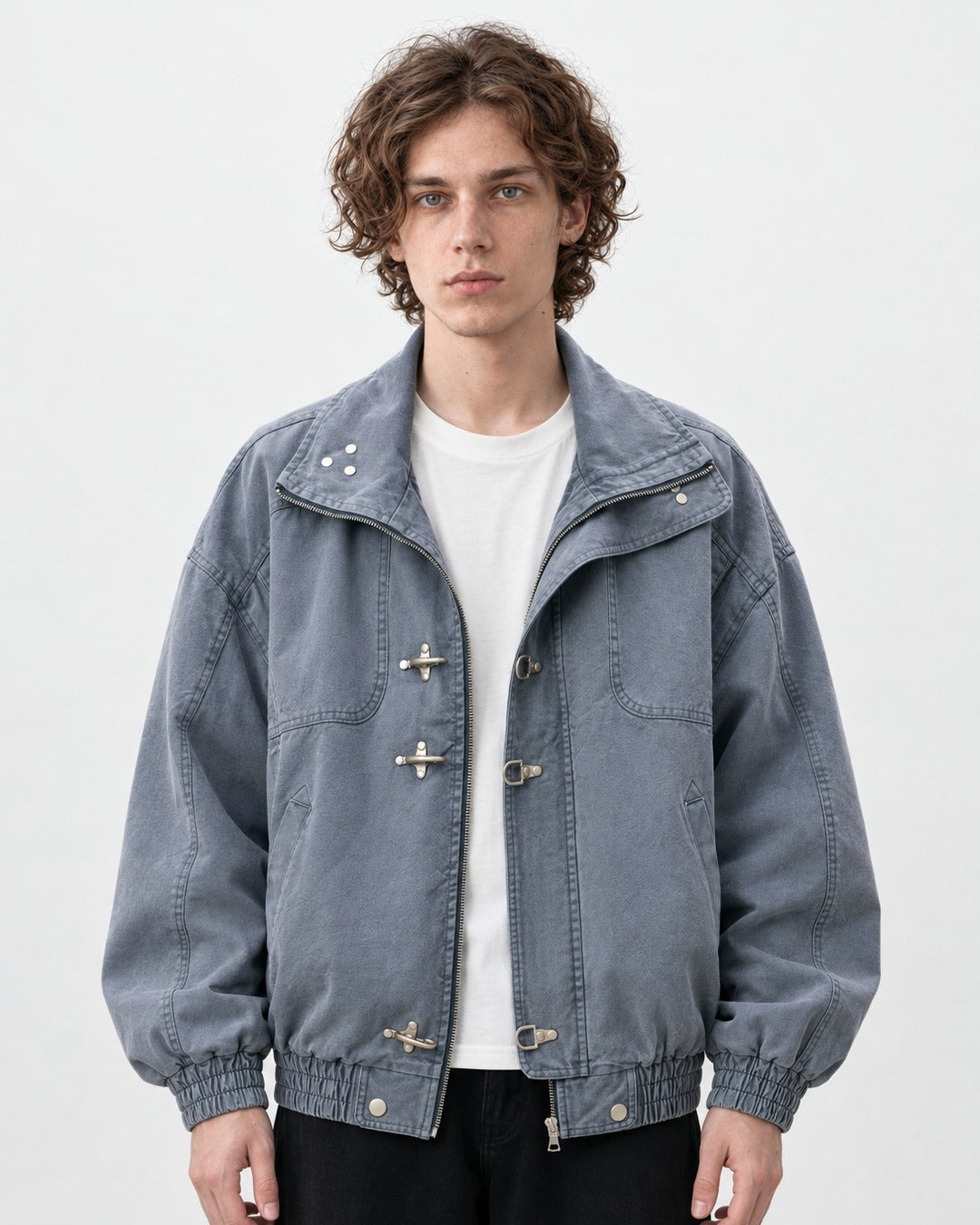 Clasp Stand-Collar Washed Work Jacket