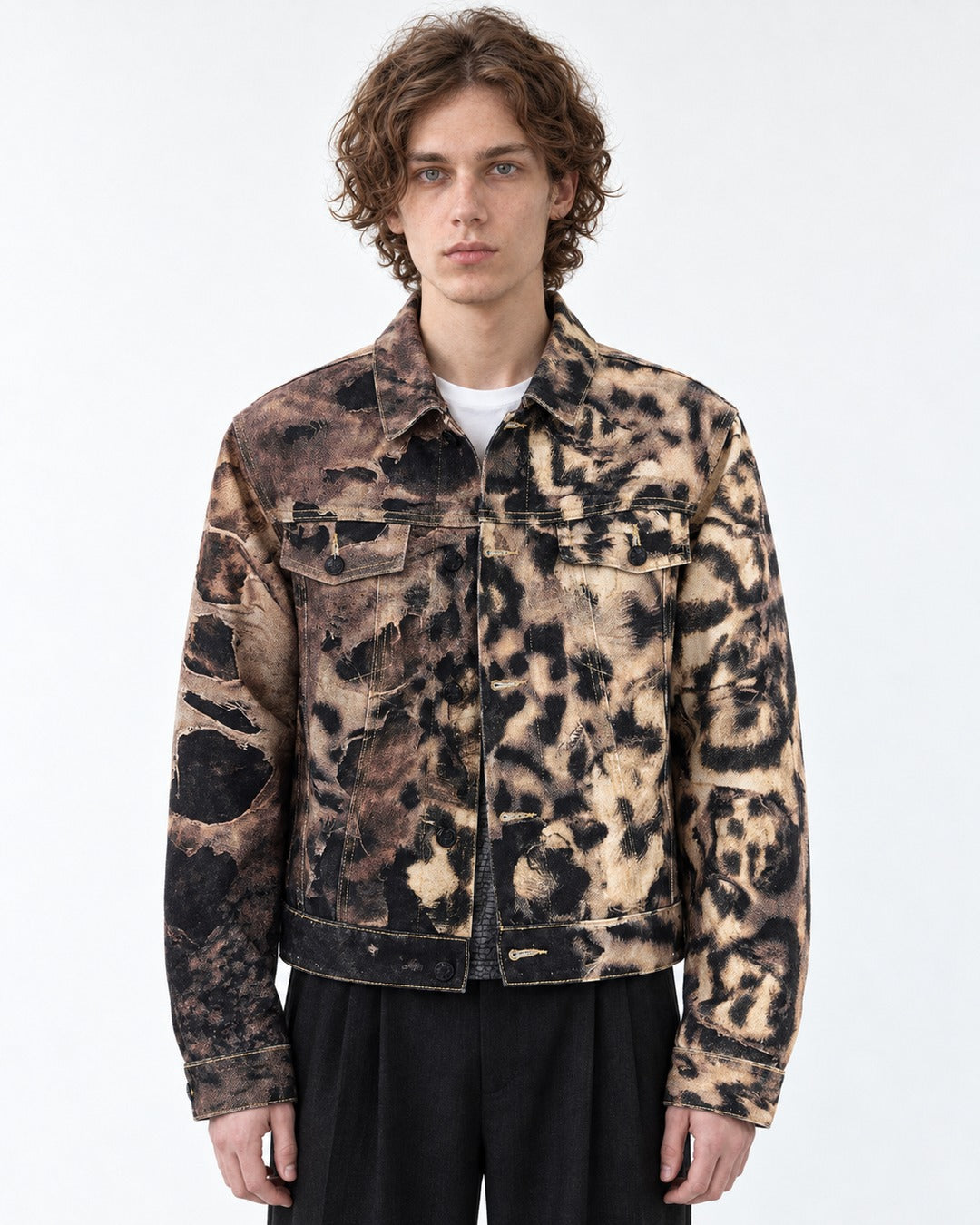 Distressed Leopard Print Denim Jacket