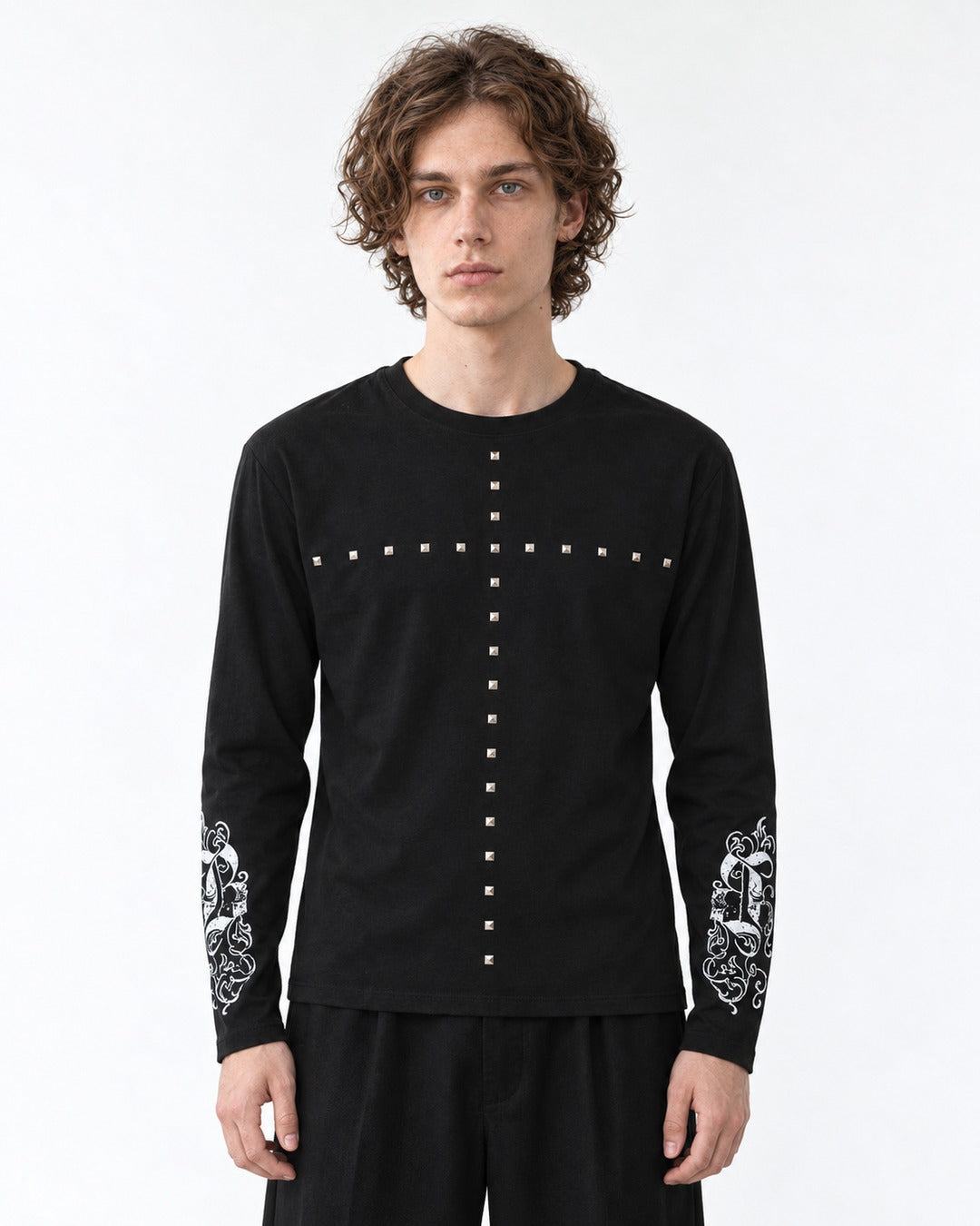 Studded Cross Print Sleeve Long Sleeve Tee