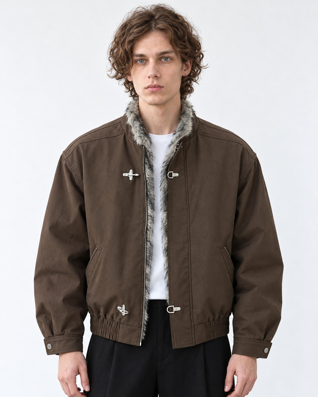Hook Clasp Fur Collar Bomber Jacket