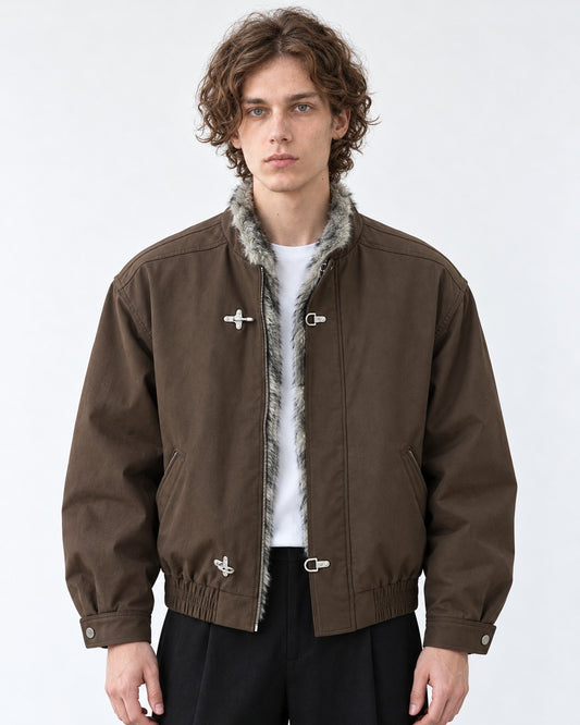 Hook Clasp Fur Collar Bomber Jacket