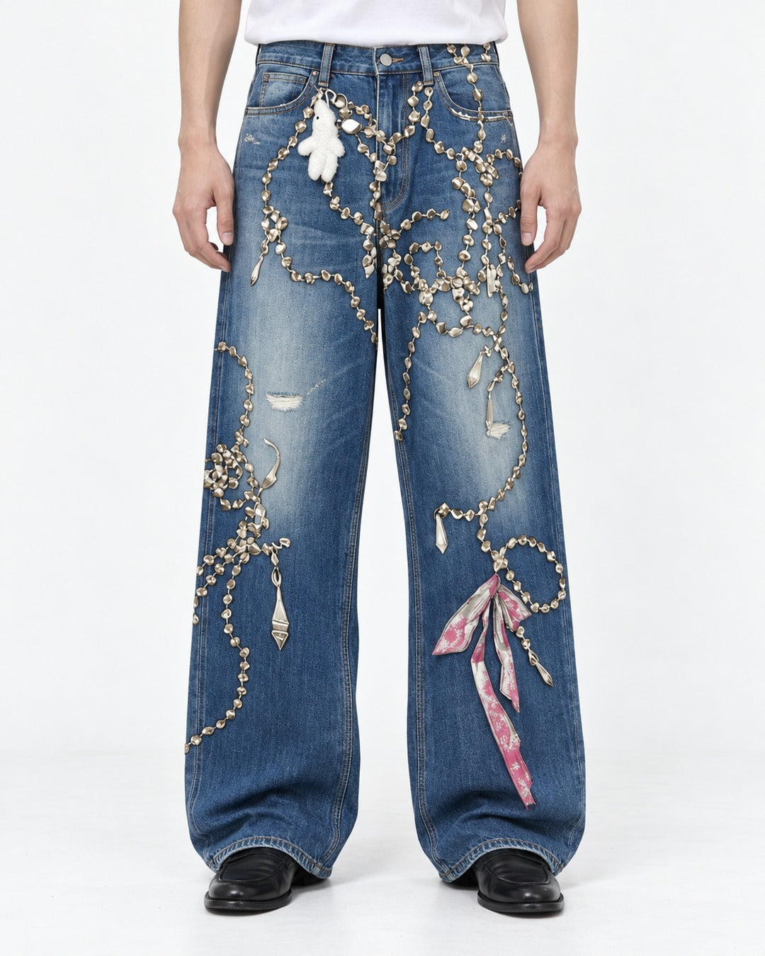 Chain Ribbon Embellished Jeans