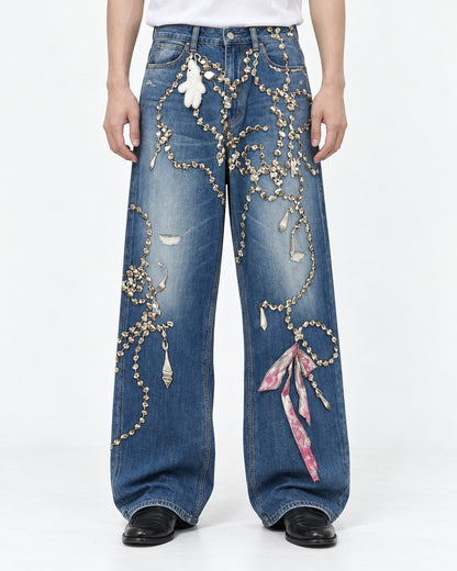 Chain Ribbon Embellished Jeans