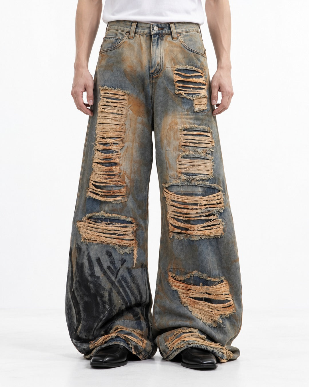 Heavily Distressed Wide-Leg Denim Pants