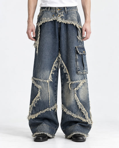 Star Patch Frayed Cargo Wide-Leg Jeans