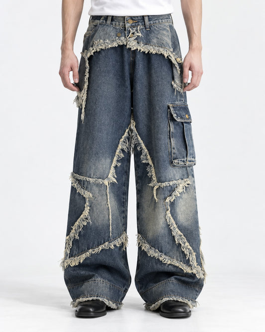 Star Patch Frayed Cargo Wide-Leg Jeans