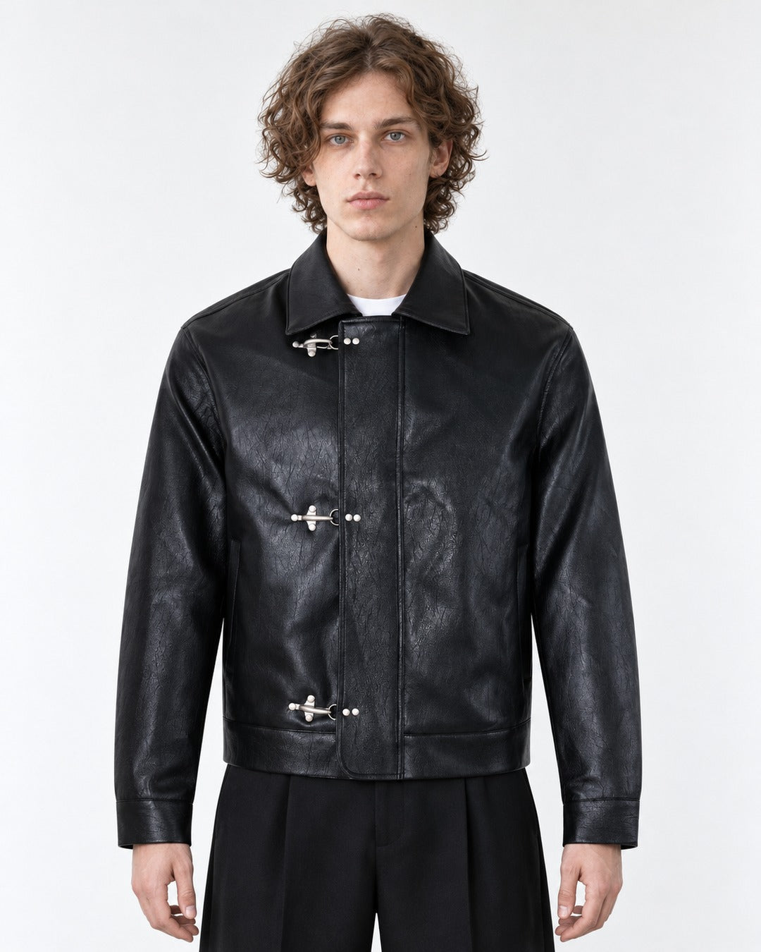 Triple Clasp Leather-Look Jacket