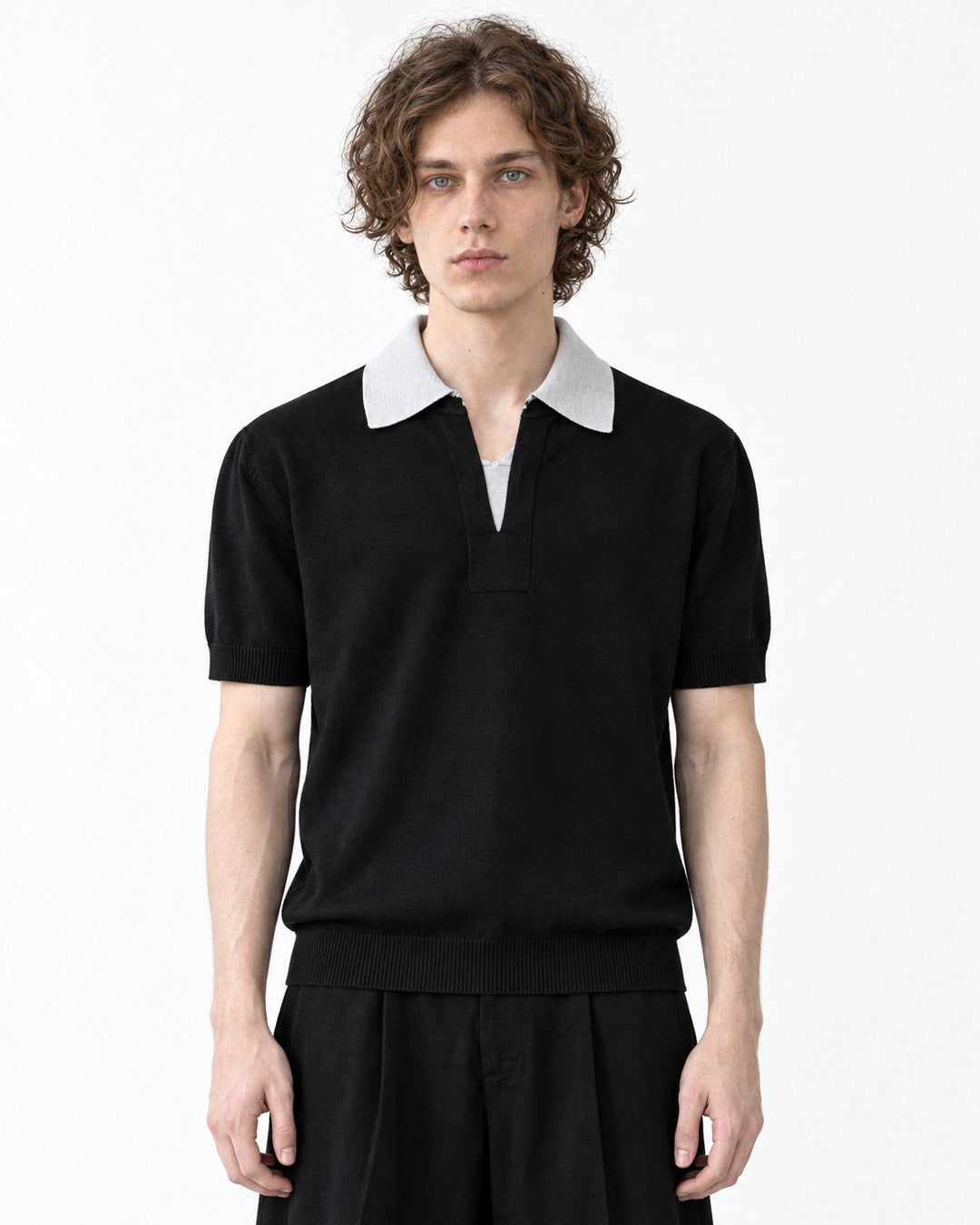 Gray Collar Black Knit Polo Shirt