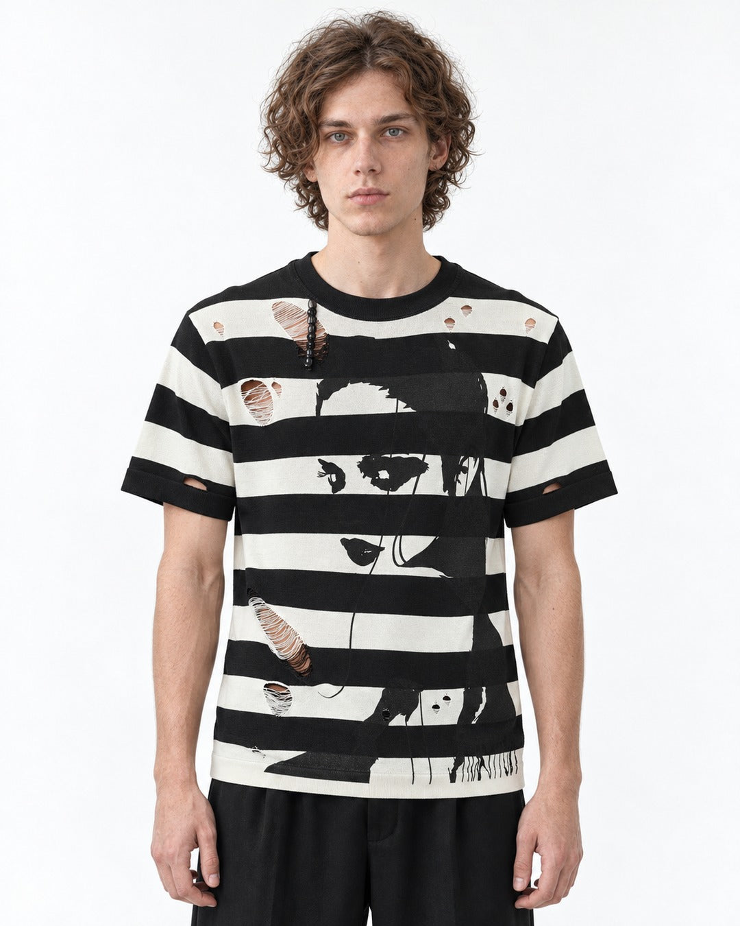 Torn Striped Portrait Print Knit Tee
